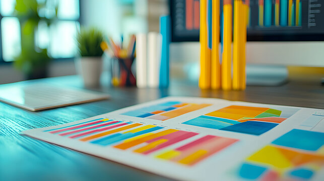 Colorful Charts and Graphs Displayed on Desk, Illustrating Business Data Analysis