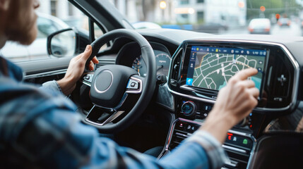 A driver using a navigation system to find directions while cruising through a city road during daylight hours