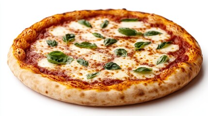 Delicious margherita pizza with fresh basil on a white background