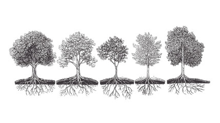 Architectural Drawings, Minimal style cad tree line drawing, Side view, set of section wetland forest outline for landscape design drawing. Vector illustration in seperate element