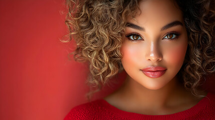 Obraz premium Close-up Portrait of a Woman with Curly Hair Against a Red Background, Wearing a Red Sweater