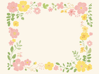 Spring-Themed Floral Vector Illustration with Pastel Flowers and Green Leaves in Cheerful Border Design, Minimal Aesthetic on Light Cream Background