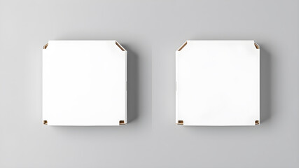 Symmetrical blank white pizza box mockup on grey background. Generative AI