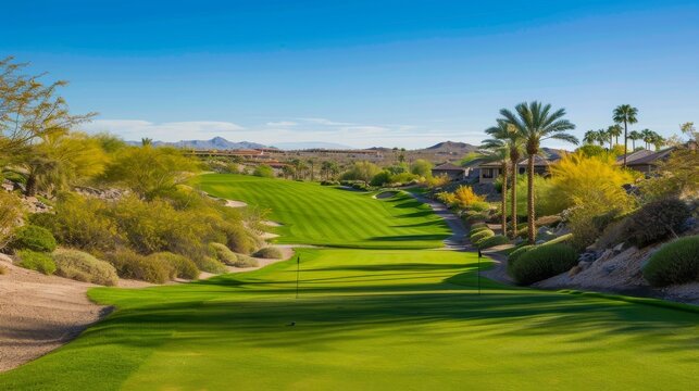 A contemporary golf course with desert oasis views, Golf clubs on lush greens amidst desert oasis, Oasis elegance style