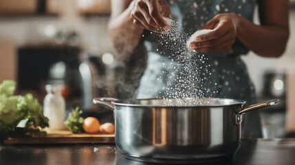 Focus on adding flavor while cooking in a kitchen by sprinkling salt into a pot during food preparation in the afternoon