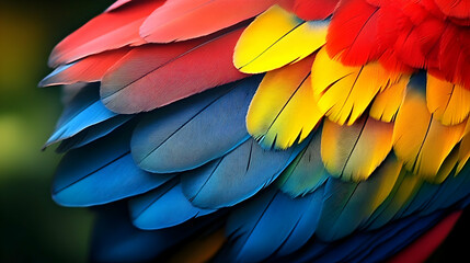 Obraz premium Vibrant Parrot Feathers Close-up: A Colorful Abstract Background Image of Overlapping Red, Yellow, and Blue Plumage