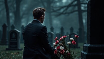 A somber man in a dark suit holding flowers, paying respects at a misty cemetery, evoking themes of loss, remembrance, and solitude