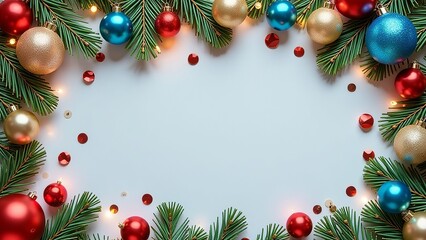 Christmas flatlay on the top christmas colorful ball, garland, tree, on a light background, the center is empty, copy space
