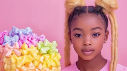 Young girl with colorful bows hairstyle on vibrant pink background