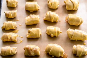 Crispy crescent rolls with jam. Dessert. Homemade croissants with jam