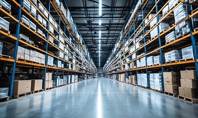 Fototapeta premium A spacious warehouse filled with stacked boxes and pallets, showcasing an organized storage space.