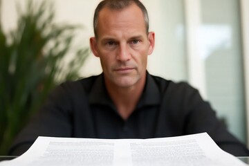 A serious man sits at a table, focused on a stack of papers in front of him.
