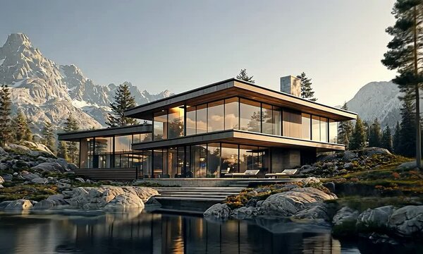 Modern mountain home on a rocky ledge, with sleek timber and glass exterior, presenting a breathtaking view of rugged peaks and a tranquil alpine lake