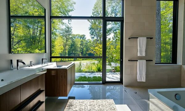 Modern bathroom with sleek fixtures, a spacious shower, and a panoramic view of a tranquil lake