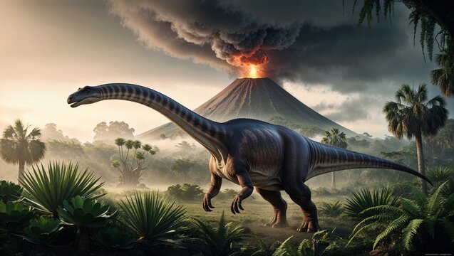 Diplodocus monster predator reptile. Realistic Illustration Showcasing the Diplodocus in a Serene Prehistoric Landscape AI generated. volcano with smoke