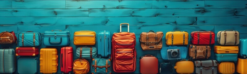 Fototapeta premium Several pieces of luggage are lined up against a blue wall, travel concept, banner, copy space