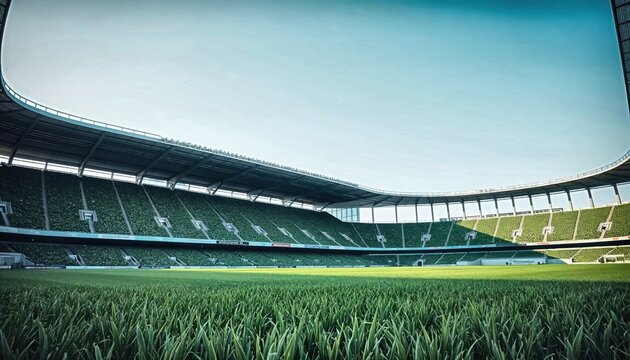Expansive modern stadium with lush green grass and empty seating, showcasing architectural design and preparation for a sporting event