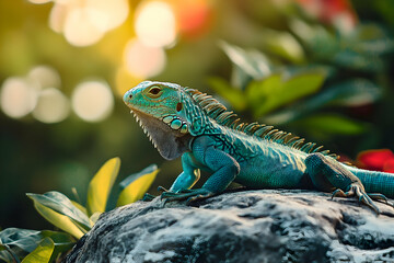 Fototapeta premium The blue iguana relaxes on a rock surrounded by vibrant foliage during golden hour