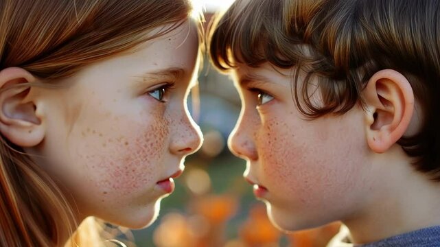 Two children with freckles are communicating telepathically in an outdoor setting, possibly symbolizing neural enhancement or neurotechnology