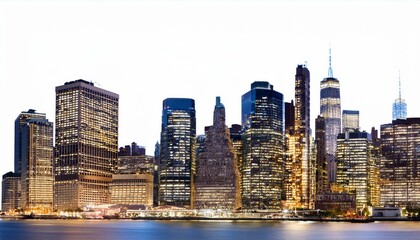Obraz premium New York City skyline at night with illuminated skyscrapers on an isolated white background. Concept of cityscape and urban design template