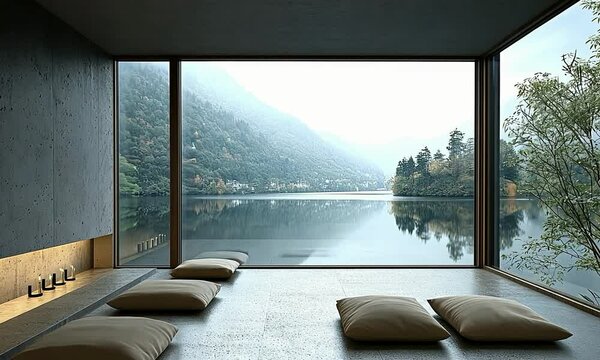 Modern meditation room with minimalist design, clean lines, and a view of a tranquil lake
