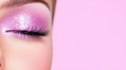 Sparkling pink eye shadow on closed eyelid against soft pink background