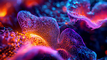 Fototapeta premium High-resolution close-up of bio-printed cartilage fibers, sharp focus on detailed cellular structures, glowing futuristic bioprinting lab 