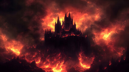 Fiery Castle engulfed in Inferno: A digital art illustration of a gothic castle consumed by flames, set against a dramatic, hellish sky; apocalyptic fantasy artwork.