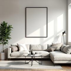 A 3D-rendered mockup of a blank poster frame on a white wall in a contemporary living room. The space features a simple, modern sectional sofa, a glass coffee table, and a few minimalist decor items. 