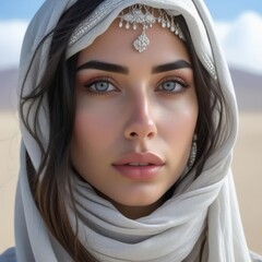 arafed woman in a white headdress and veil in the desert