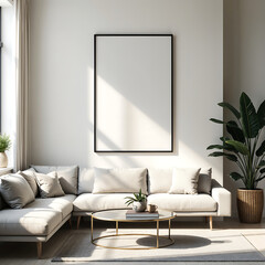 A 3D-rendered mockup of a blank poster frame on a white wall in a contemporary living room. The space features a simple, modern sectional sofa, a glass coffee table, and a few minimalist decor items. 