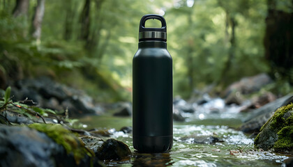 blank black colored thermo water bottle in the nature scene background