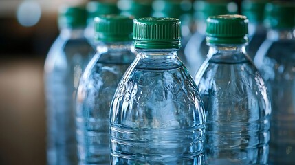 Glossy Cap Retail, Uniformly Placed Bottled Water with Green Caps and Selective Focus on Foreground