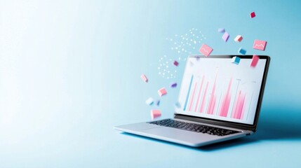 A sleek laptop showcases vibrant graphs and data visualizations emerging from its screen, highlighting trends and insights in digital analytics against a calming blue backdrop