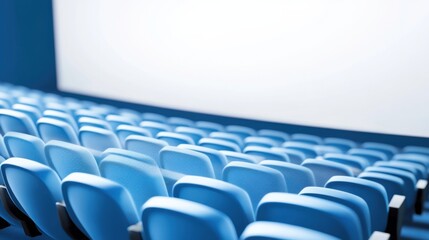 The interior of a modern cinema features rows of empty blue seats, all oriented toward a blank screen, awaiting the start of an evening showing. The ambiance suggests anticipation