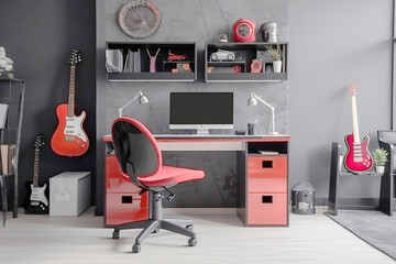 Interior design of a children's room, warm colors, white gray colors. AI Generative.