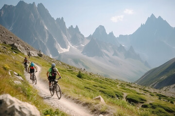 Fototapeta premium A group of bicycles with a cyclist rider at sunset on a mountain road. Active healthy sport hobby. AI generated.