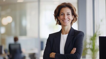 A professional woman stands proudly in a contemporary office space, exuding confidence. Natural light fills the room as colleagues work in the background