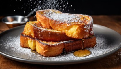 ふわふわのフレンチトーストがこんがり焼き上がり、粉砂糖がたっぷりかかった贅沢な朝食。
