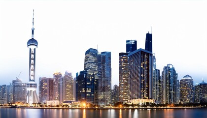 Obraz premium New York City skyline at night with illuminated skyscrapers on an isolated white background. Concept of cityscape and urban design template