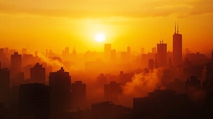 Majestic Sunrise Over a Bustling City Skyline with Silhouetted Buildings and Golden Hues in a Warm Atmosphere at Dawn