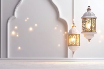 3d eid mubarak eid al adha fitr greeting card illustration with idul fitri lantern white islamic background.