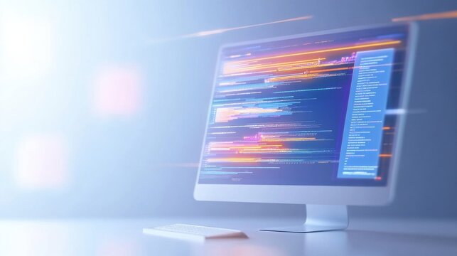 The monitor features colorful lines of code, indicating active programming or software development in a contemporary workspace with dim lighting