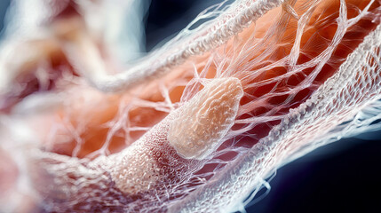 High-resolution macro shot of bio-printed muscle fibers, sharp focus on organic layering, futuristic medical lab 