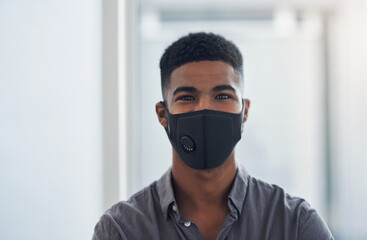 Office, businessman and portrait with face mask for safety, wellness and protection against influenza. Awareness, worker and designer with cover to prevent virus, bacteria and compliance for pandemic
