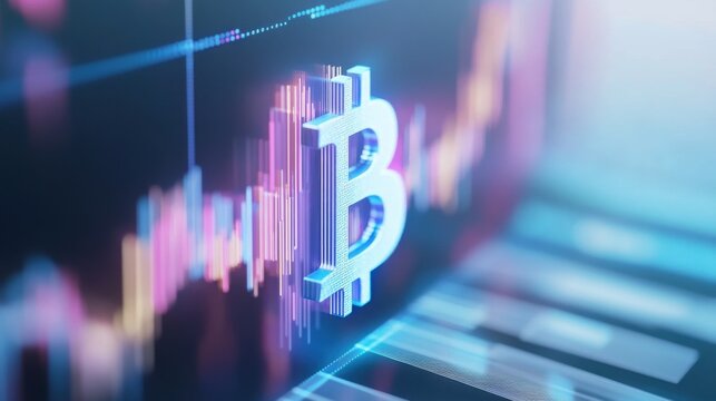 A digital trading chart displays the Bitcoin symbol prominently alongside various price trends and fluctuations, capturing the essence of cryptocurrency market analysis