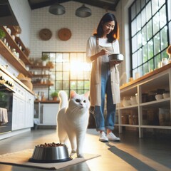 A woman prepares cat food in a sunlit kitchen while her white cat strolls towards its bowl in the morning light