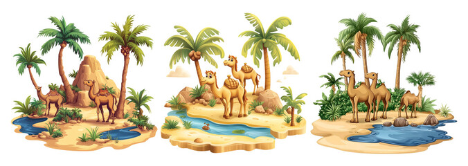Obraz premium Cartoon Camels in Desert Landscape with Palm Trees