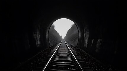 A dark train tunnel with a light at the end, symbolizing hope and the unknown.