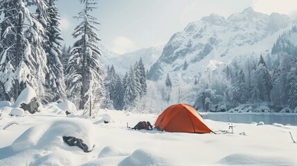 Fototapeta premium A cozy camping setup in a snowy mountain valley, Camping gear nestled in snow-covered tents, Winter adventure style